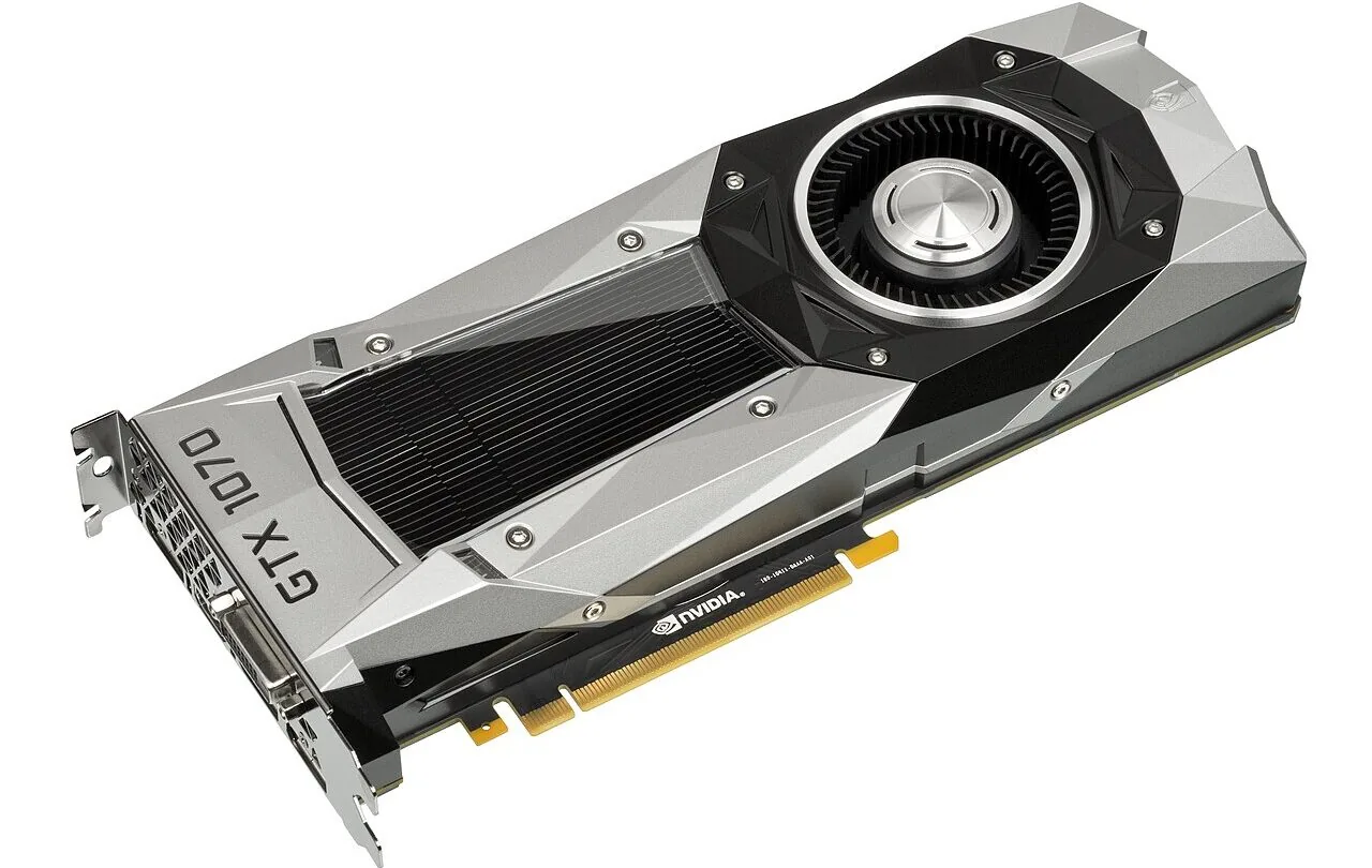 NVIDIA GeForce GTX 1070 Founders Edition graphics card photographed on a white background