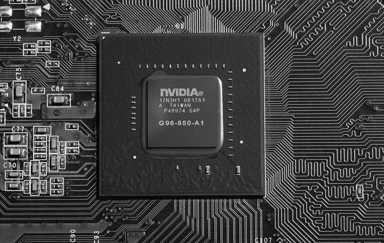 Close-up photograph of an NVIDIA graphics processor mounted on a circuit board