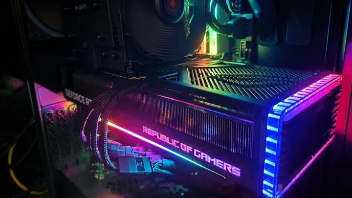 Modern graphics card installed in a desktop PC, illustrating Windows GPU scheduling