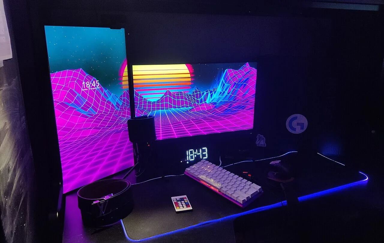 Desktop gaming setup with a widescreen monitor, keyboard and ambient lighting