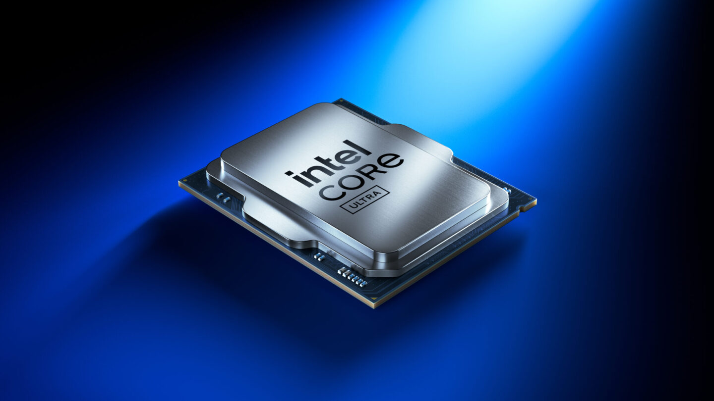 Intel Core Ultra desktop processor on a blue background, official Intel image