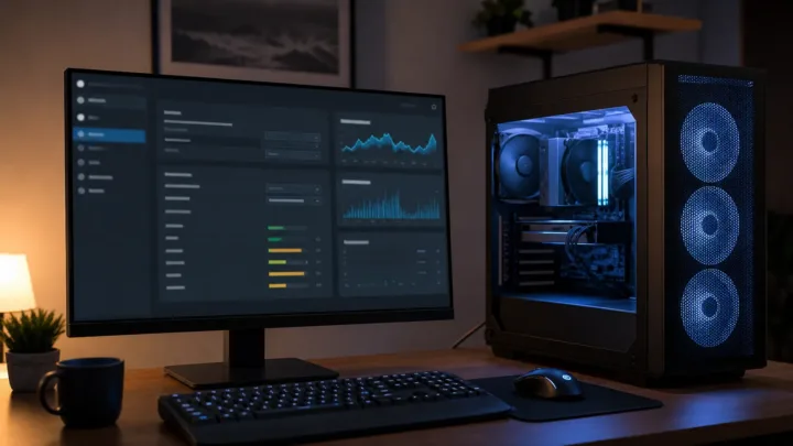 Gaming PC and monitor displaying an abstract performance screen