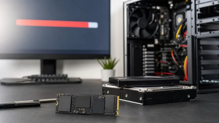 NVMe SSD beside a desktop PC with a nearly full storage indicator